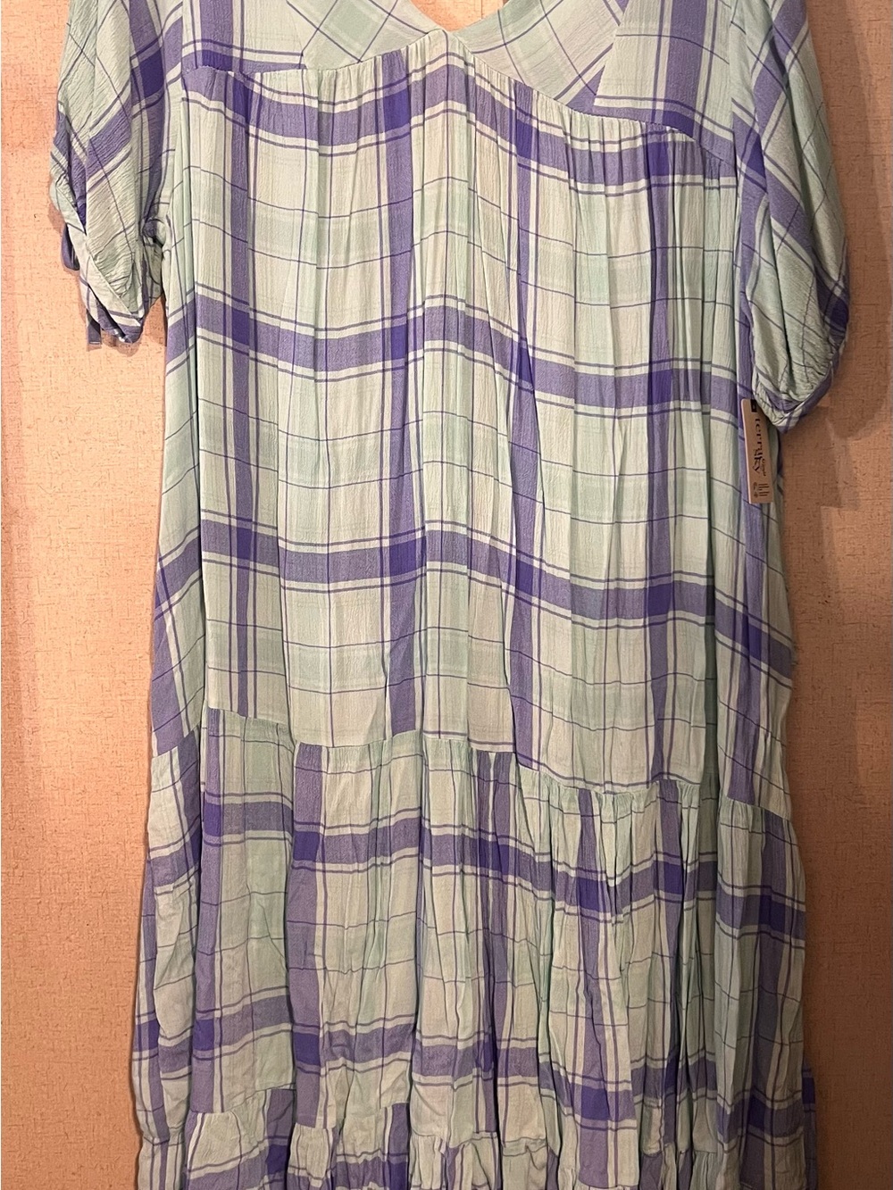 Terra & Sky Mint and Lavender Plaid Tiered Dress